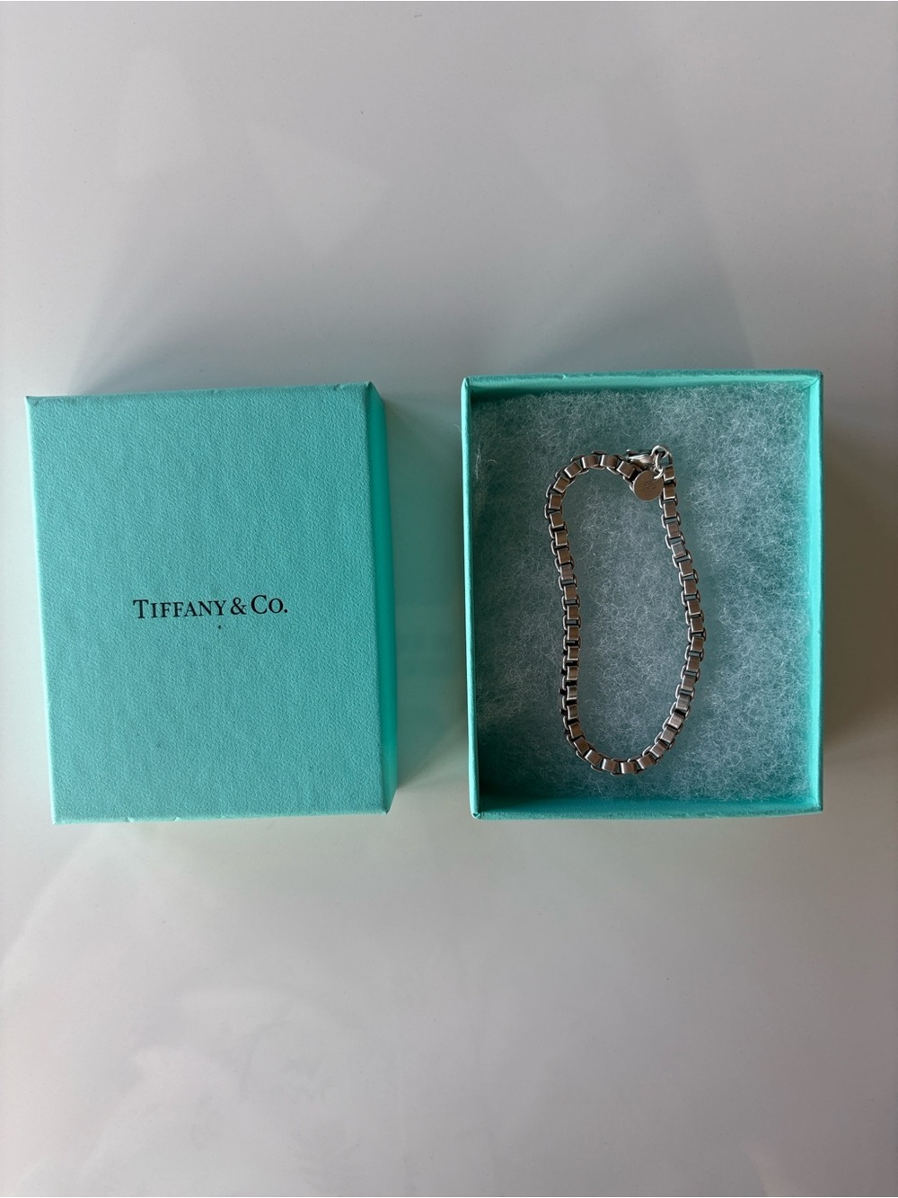Tiffany & Co. Silver Box Link Bracelet with Signature Blue Box